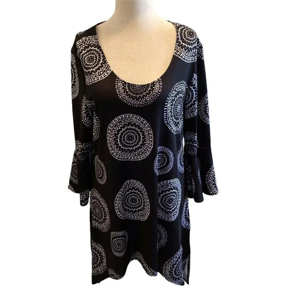 Slinky Brand Black White Circles Large Knit Tunic Scoop Neck Bell Sleeve